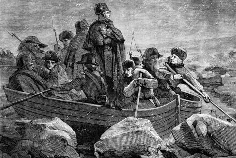George Washington crosses the Delaware River on the night of 25-26 December 1776 during the