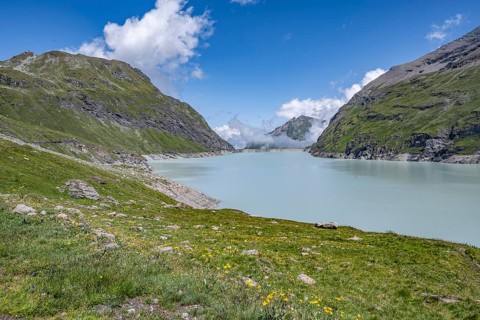 Blue mountain lake in a mountain landscape, Lac des Dix reservoir, Valais Alps, Valais,