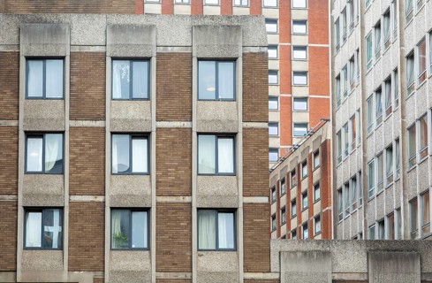 High density building cityscape of office and apartments, around Nelson Street, Bristol, England,