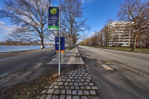 Bus stop Maschsee - Altenbekener Damm, bare wintry trees, general architecture, residential