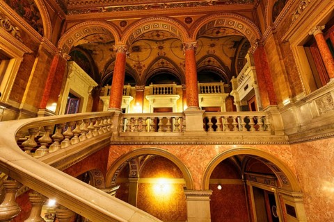 Hungarian State Opera, staircase, view upwards, interior view, Budapest, Hungary, Europe