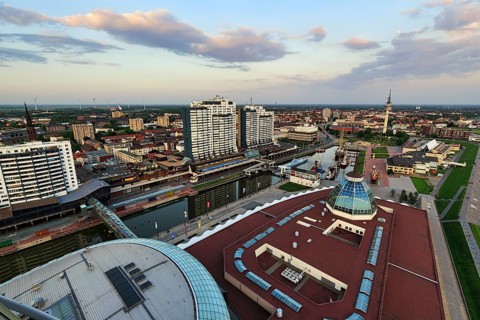 View from above of skyscrapers, Columbus Center and the Old Harbour, evening sky, Mitte district,