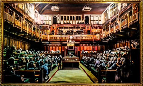 Banksy - Devolved Parliament, Chimpanzees take over the House of Commons, 2009, Bristol Museum,