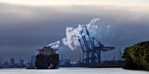 Container ship MSC Tokyo with two small tugs near the Burchardkai container terminal in the Port of