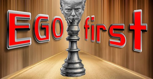 Symbolic image, Trump as egomaniacal chess king, towers over the USA, Bitcoin king, kleptocracy,