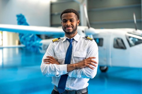Portrait of a smiling pilot standing with arms crossed in front of a small passenger airplane