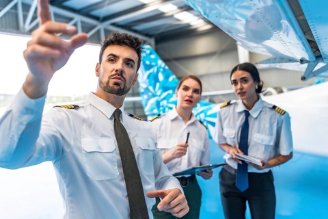 Aviation maintenance crew examining airplane wing, ensuring safety and functionality before flight