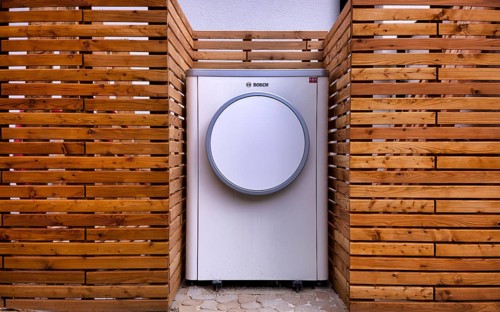 Bosch Compress 7400i AW air-to-water heat pump, logo, outdoor unit, building services, standing in