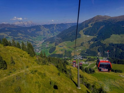 Tyrolean mountains near Saalbach-Hinterglemm, 12er Kogel cable car with view of Saalbach, Tyrol,