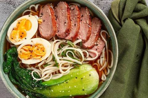 Ramen soup with duck and noodles, with eggs and bok choy, homemade, no people