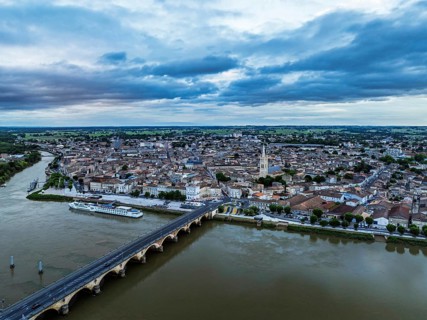 Twilight over Libourne from a drone, Gironde, Nouvelle-Aquitaine, Saint-Émilion and Pomerol,