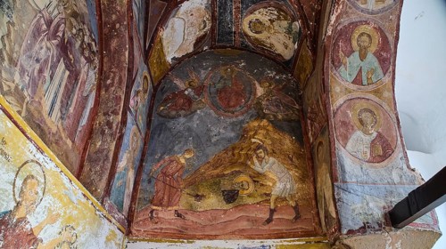 Medieval fresco with religious figures and a mountain scene, Burial of St John the Apostle,
