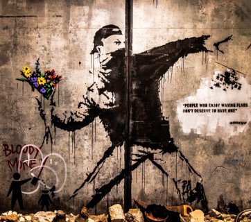 Banksy - Flower Thrower, revolutionary violence against pacifist fervour, 2003, exhibition The