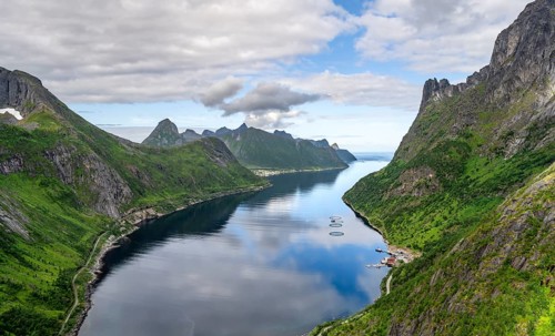 View of Øyfjorden fjord and mountains, fjord landscape with mountain peaks, hike to Barden