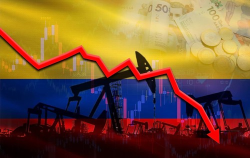 Petrol crisis with Colombia flag on financial graph. Fall oil price with flag of Colombia on