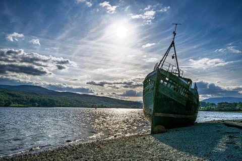 Corpach Wreck or Old Boat of Caol and Nevis Range Mountains, Caol Beach, Corpach, Fort William,