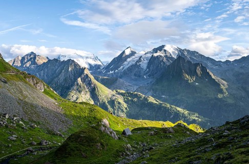 View from the Cabane du Louvie to the glaciated mountain peaks of the Grand Combine, in the evening