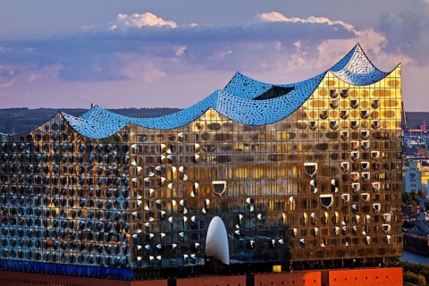 View of the Elbphilharmonie in the evening light from the St Nikolai memorial, Hamburg, Germany,