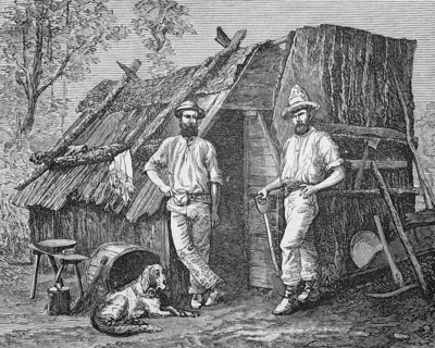 Gold diggers next to their bark hut, around 1870, Australia, digital reproduction of a historical