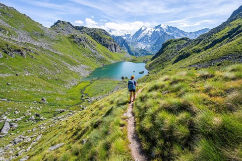 Mountaineer on hiking trail in picturesque mountain landscape, view of mountain lake Lac du Louvie