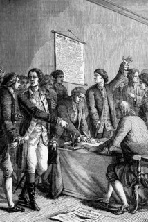 The signing of the American Declaration of Independence in the Pennsylvania State House. A