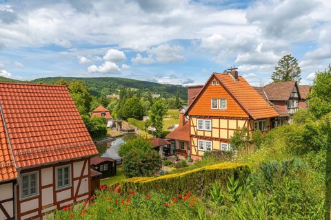 Lock system of the Werra with lock house, old fishermen's settlement, Bad Sooden, Allendorf,