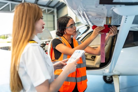 Female aircraft maintenance engineer inspecting airplane wing with pilot holding checklist in