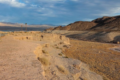 Echo wash drains into the Overton Arm of Lake Mead at Echo Bay, Nevada, USA, North America