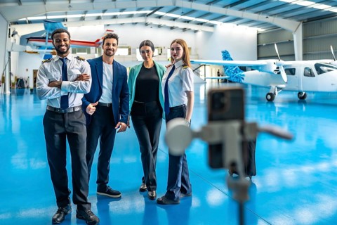 Pilots and a manager recording a video on a smartphone mounted on a tripod inside an aircraft
