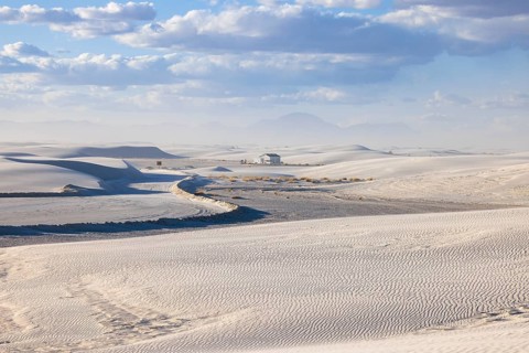 Cleared roads through the white gypsum dunes at White Sands National Park in Alamogordo, New