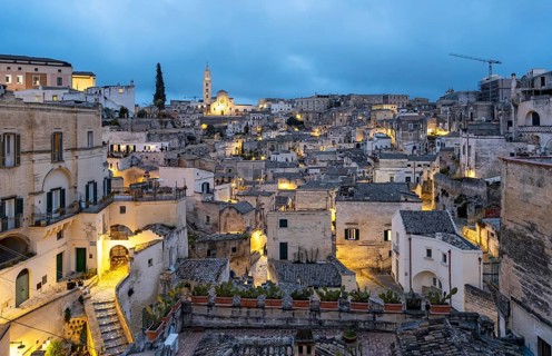View of Matera by Night, Belvedere dei Tre Archi, Basilicata, Italy, Europe