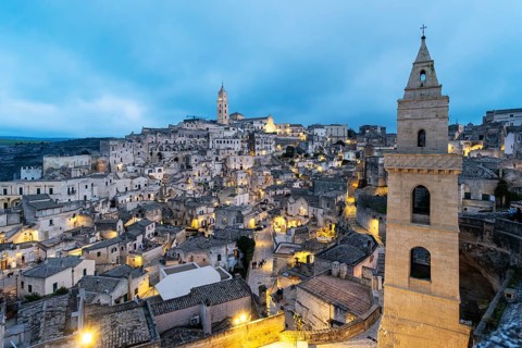 Panoramic View of Sassi di Matera at night, Sasso Barisano, Basilicata, Italy, Europe