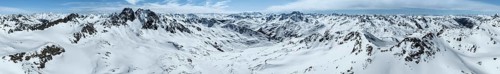 Alpine panorama, aerial view in winter, Albula Alps, Rhaetian Alps, Grisons, Eastern Switzerland,