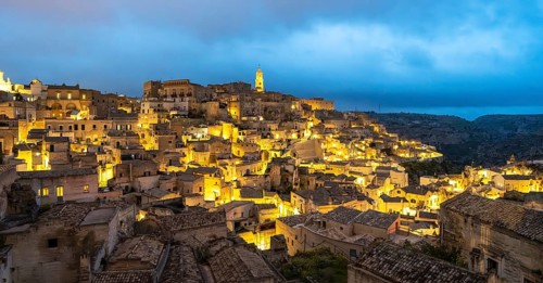 View of Matera by night, Sasso Caveoso, Basilicata, Italy, Europe