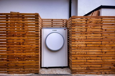 Bosch Compress 7400i AW air-to-water heat pump, logo, outdoor unit, building services, standing in