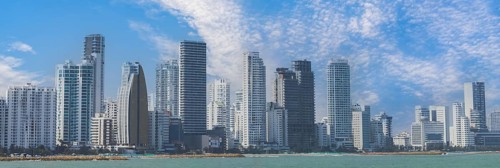 Colombia, scenic Cartagena bay Bocagrande and panorama of financial and business city skyline,