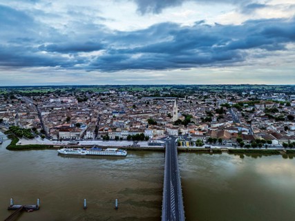 Twilight over Libourne from a drone, Gironde, Nouvelle-Aquitaine, Saint-Émilion and Pomerol,