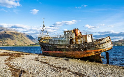 Corpach Wreck or Old Boat of Caol and Nevis Range Mountains, Caol Beach, Corpach, Fort William,