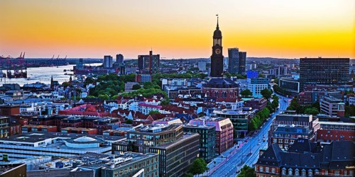City view from above with the harbour and the main church St. Michaelis at atmospheric sunset,