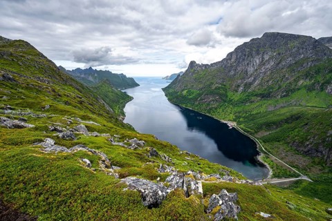 View of Øyfjorden fjord and mountains, fjord landscape with mountain peaks, hike to Barden