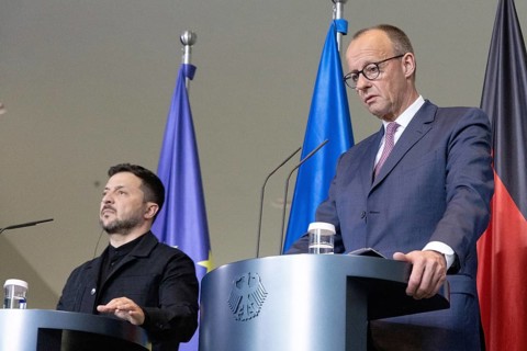 Berlin, Germany - 28.5.2025: Volodymyr Zelensky (President of Ukraine, l.) and Friedrich Merz