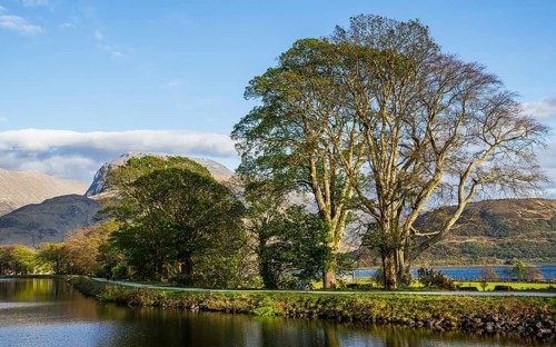 Caledonian Canal, Caol Beach and Nevis Range Mountains, Corpach, Fort William, Highland, Scotland,