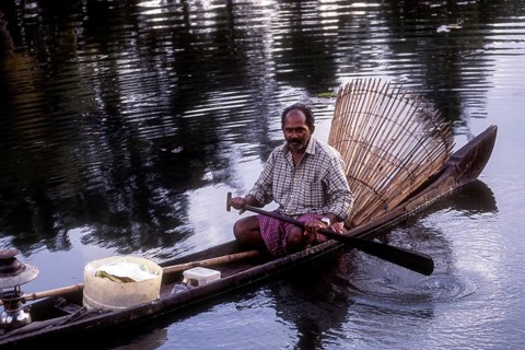 Fisherman with bamboo fishing basket fishing in the backwater of Kuttanad, Kerala, South India,
