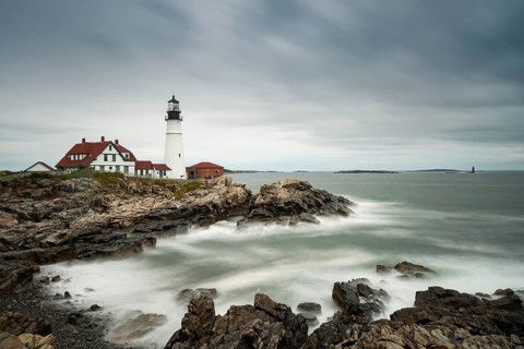 USA - 1 October 2016: Portland Headlight on the coast of Maine on a stormy and overcast day