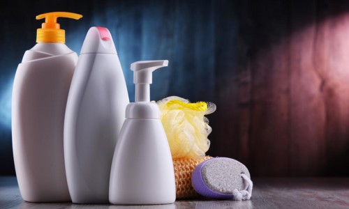 Plastic contaiers of shampoos and shower gels