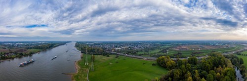 Panoramic view on riverboats on the Rhine. Aerial photography by drone