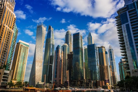 DUBAI, UNITED ARAB EMIRATES - FEB 5, 2019: Modern residential architecture of Dubai Marina, United