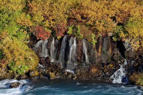 Waterfall Hraunfossar, river Hvita, Iceland, Europe