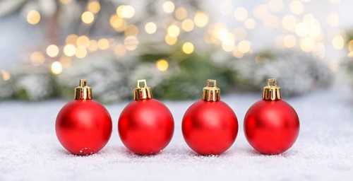 Christmas decorations red balls on the snow holiday card template banner