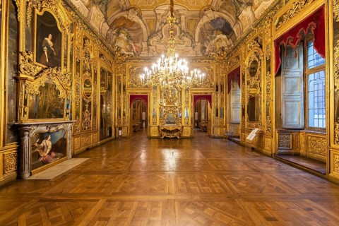 Turin, Italy - Circa January 2022: baroque old room interior in Carignano Palace